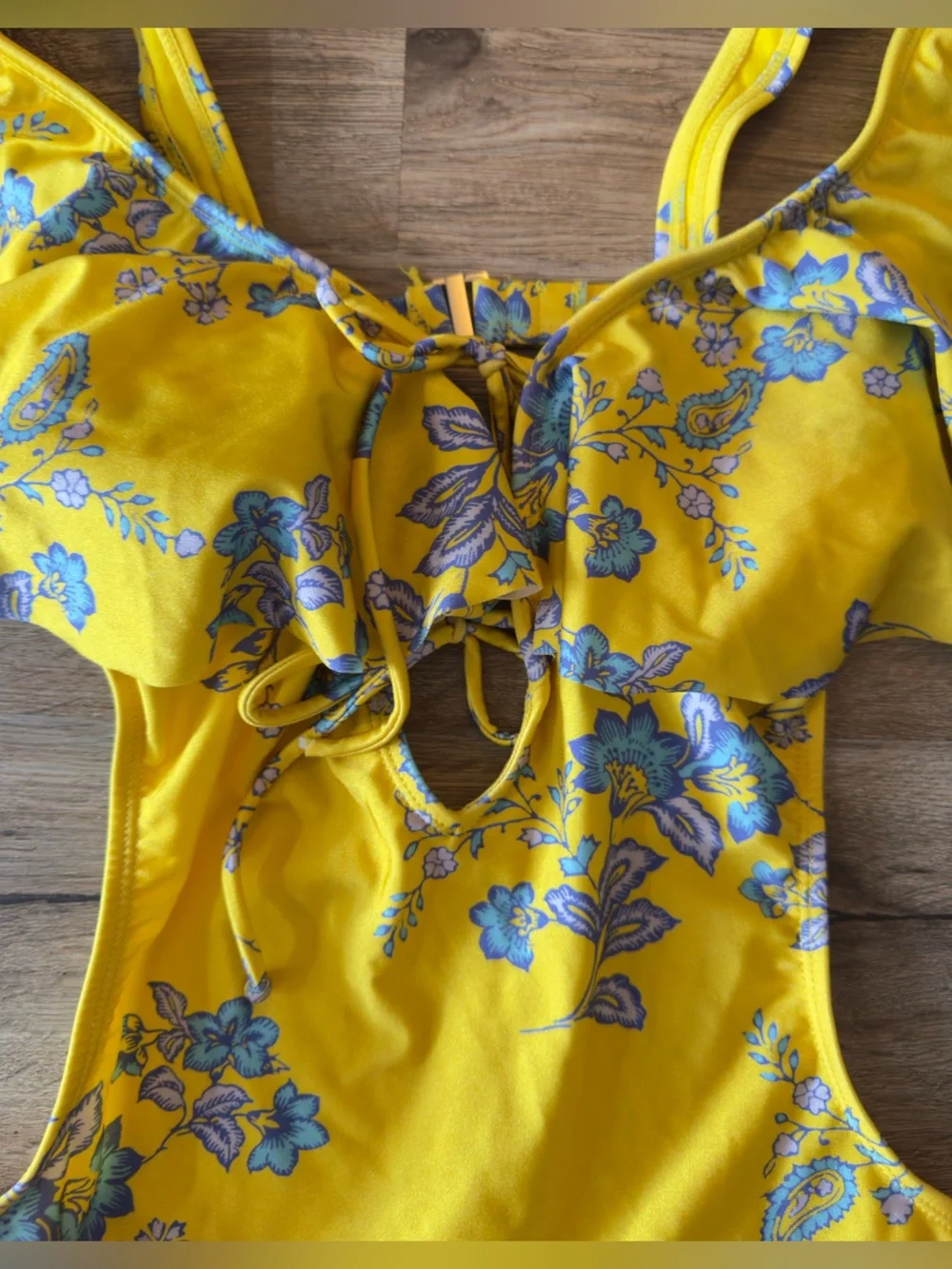 Sam Edelman Yellow‎ Floral Ruffle One-Piece Swimsuit with Blue Print